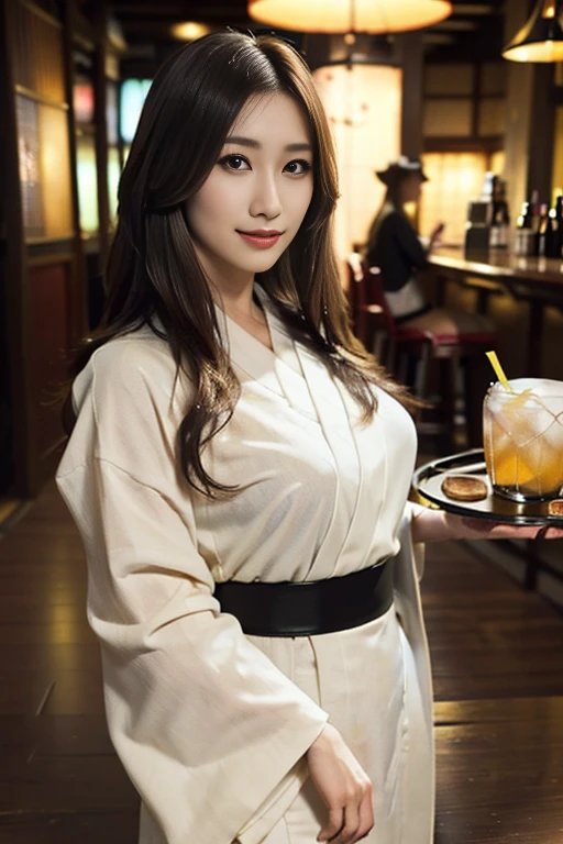 (Consciousness upward), (High resolution), (8k), (Very detailed), (The best Consciousness upward ), (Highest quality), (Very detailed), (masterpiece), (cowboy shot), part-time employee of Japanese bar, a working  beautiful woman, ((serving  drink  on a thin and round tray:1.4)), She is inside the counter of  Japanese style bar called "izakaya", from above, (bobbed hair:1.3), wearing  a Kimono. around 28years old. ((A gentle smile filled with love)),((Heavy gal makeup:1.2))