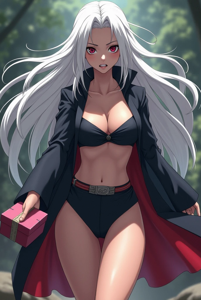 female character in the Naruto universe with long white hair, super seductive and beautiful, powerful with an 18-year-old face, without a clan and holding a Pandora's box wearing short black clothes and with an evil face and black eyes and without the bandana and has thick thighs 