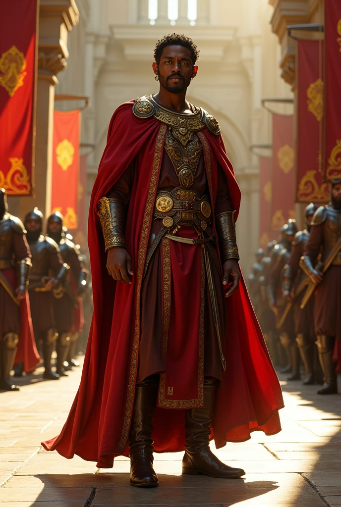 "Arab Elf Lord, aged by the passage of time, presents a striking and imposing presence. Her skin is a deep, rich shade of ebony, reflecting his ancestry and long life. His eyes are a piercing green, in contrast to his dark skin. His face is framed by a brown mustache and goatee, which also colors his thick, wavy hair, with signs of age. He wears traditional clothes of an Ottoman general, consisting of a robe of a deep red hue, adorned with medallions and belts. His boots are of fine, polished leather, and he carries a sheathed decorative sword. His posture is upright, and even in old age, he exudes respect and fear. Behind him, an escort of soldiers carries flags and banners with the symbol of a wolf, reflecting loyalty and strength."