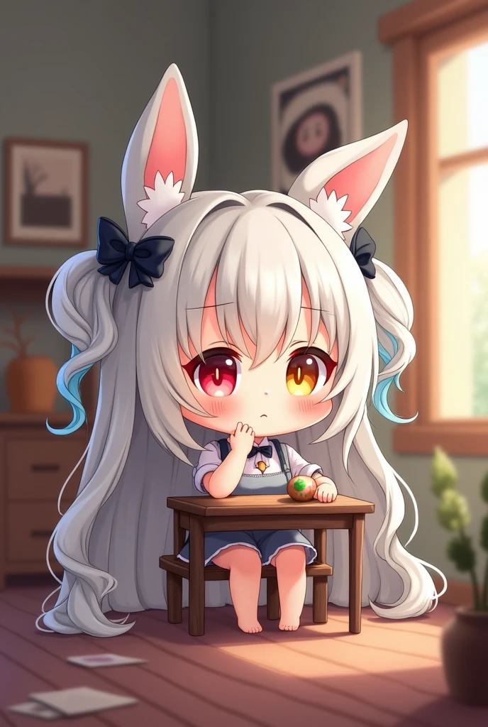 (2.5D),oil painting,solo,1girl\(2.5D,Chibi,cute,kawaii,,white hair:1.4,long,hair with blue locks,left rabbit ear,right cat ear,white short dress with frill,left red eye,right yellow eye,big eyes,skin color white,big black hairbow,sitting at table,thinking about somthing\),background\(inside,simple room,table\),(2.5D)