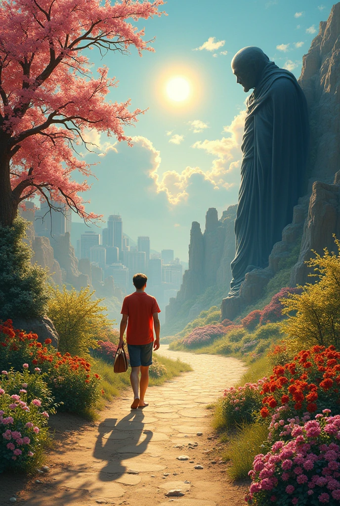 - **On the left**: A living human figure, surrounded by elements that symbolize life (flores, flowering trees, a bright sun, or an active city). The figure could be walking or performing some activity that symbolizes daily life.

- **On the right**: An abstract representation of death, which could be a shadowy figure or a distant shadow. This figure is in a desolate landscape, like a desert or dark terrain, clearly separated by a line or an abyss from the side of life.

- **The center**: It could be marked by a line or an abyss separating both worlds, showing that life and death are entities that do not intersect or mingle. The living figure cannot cross to the side of death.