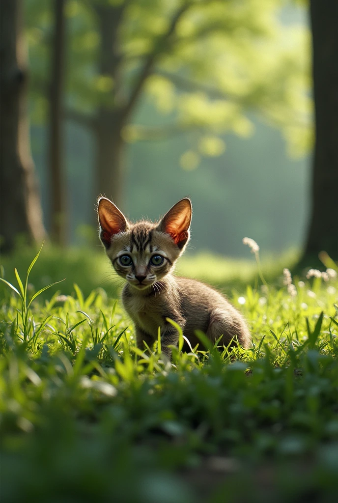 Skinny, nearly dead kitten, malnourished, in green grass with trees in the background 