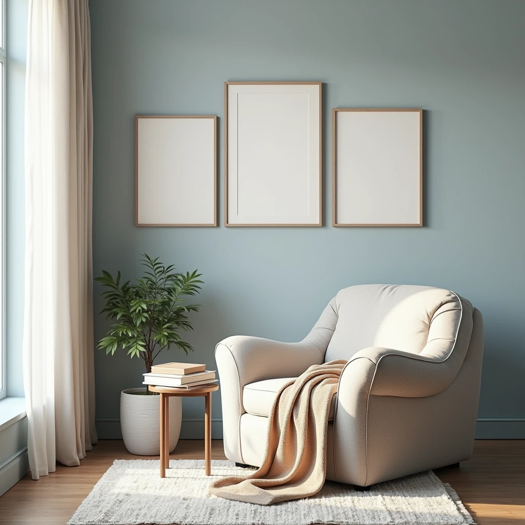 A cozy reading nook with a comfortable armchair in a soft, neutral fabric. Above the chair, on a pale blue wall, are three framed A4-sized canvases, subtly illuminated by delicate and low-intensity lights. The scene is completed with a small side table holding a stack of books, a warm throw blanket, and a soft carpeted floor, creating a perfect spot for relaxation