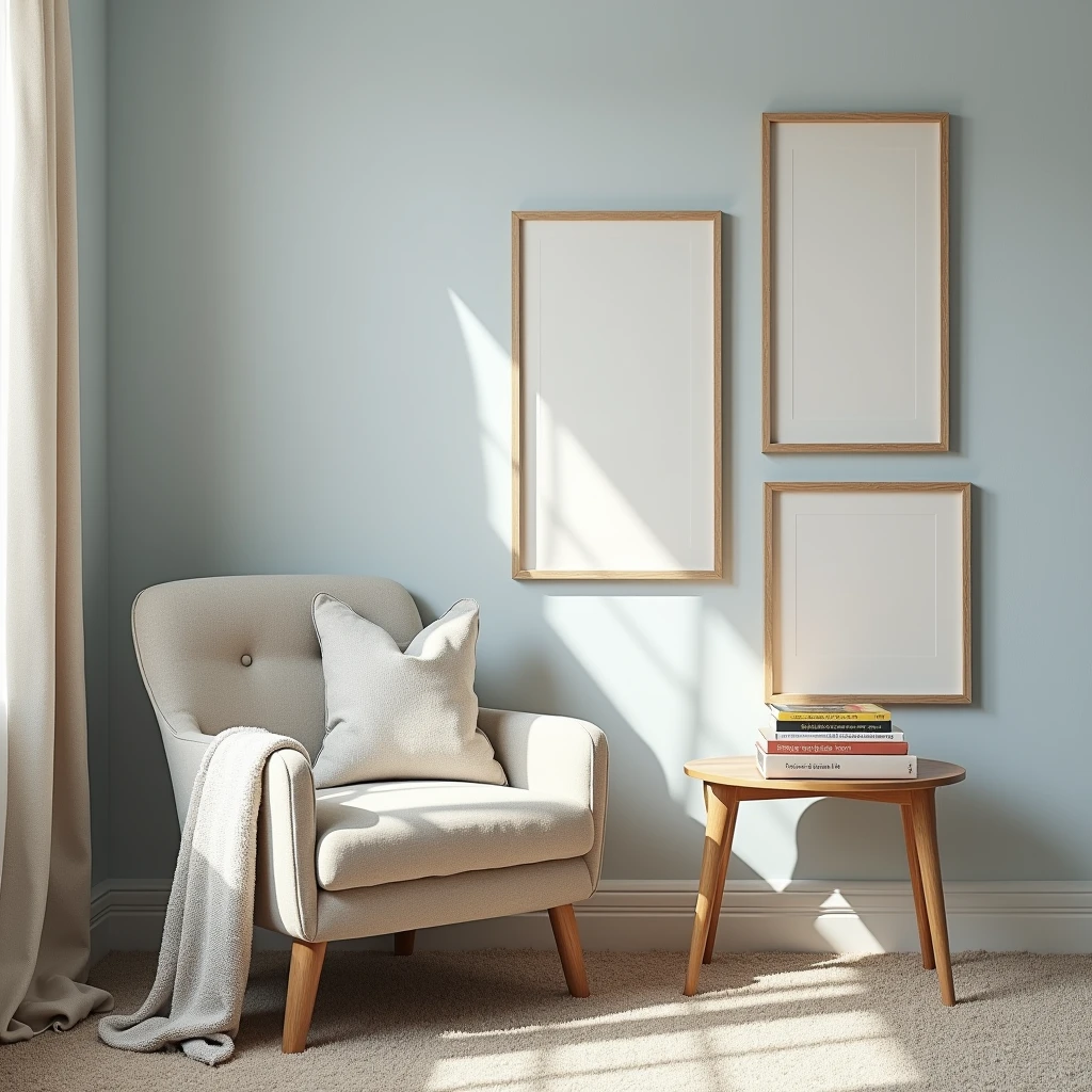 A cozy reading nook with a comfortable armchair in a soft, neutral fabric. Above the chair, on a pale blue wall, are three framed A4-sized canvases, subtly illuminated by delicate and low-intensity lights. The scene is completed with a small side table holding a stack of books, a warm throw blanket, and a soft carpeted floor, creating a perfect spot for relaxation