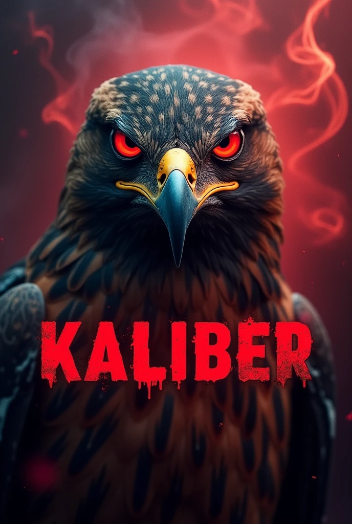 Flaming fire red eyed hawk with the word kaliber below it