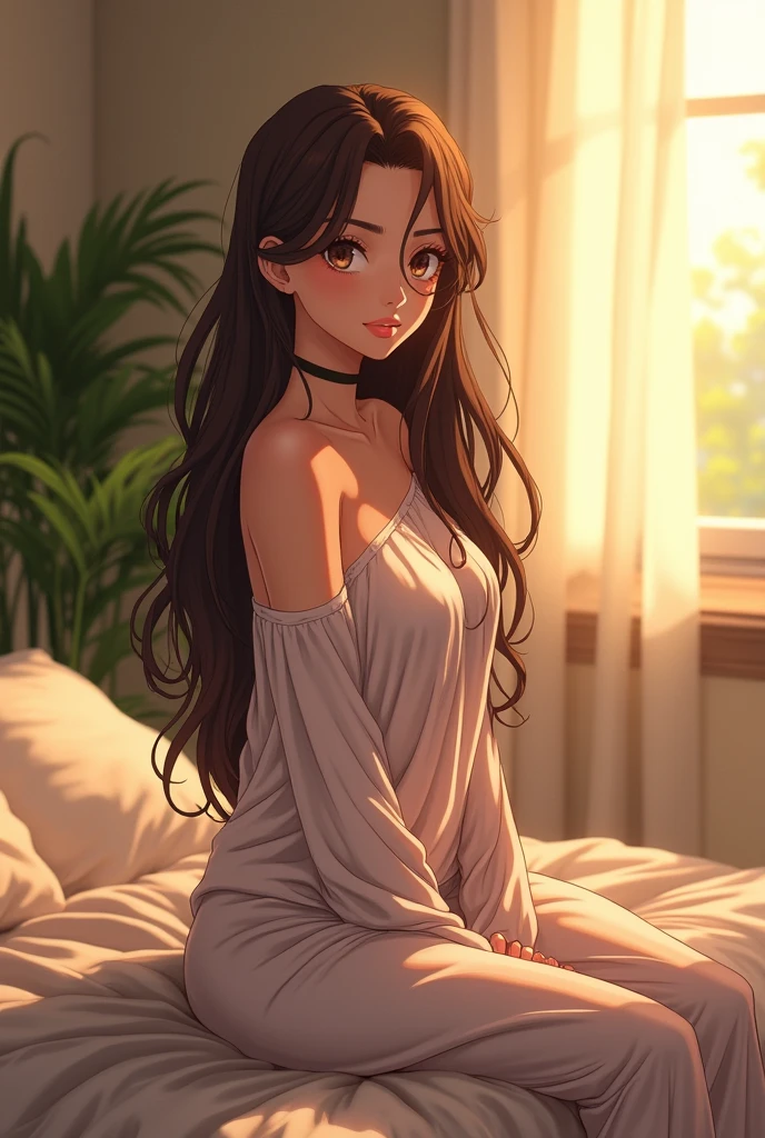 Make an anime style drawing of a white American woman sitting on bed, wearing tloose off-shoulder top, pajama pants, long brown hair, indoors, soft lighting, plants in background, window with sunlight, cozy room, and she is in a seductive pose. She has fairly big boobs and she is wearing some make up. She is very beautiful and young and around 18
