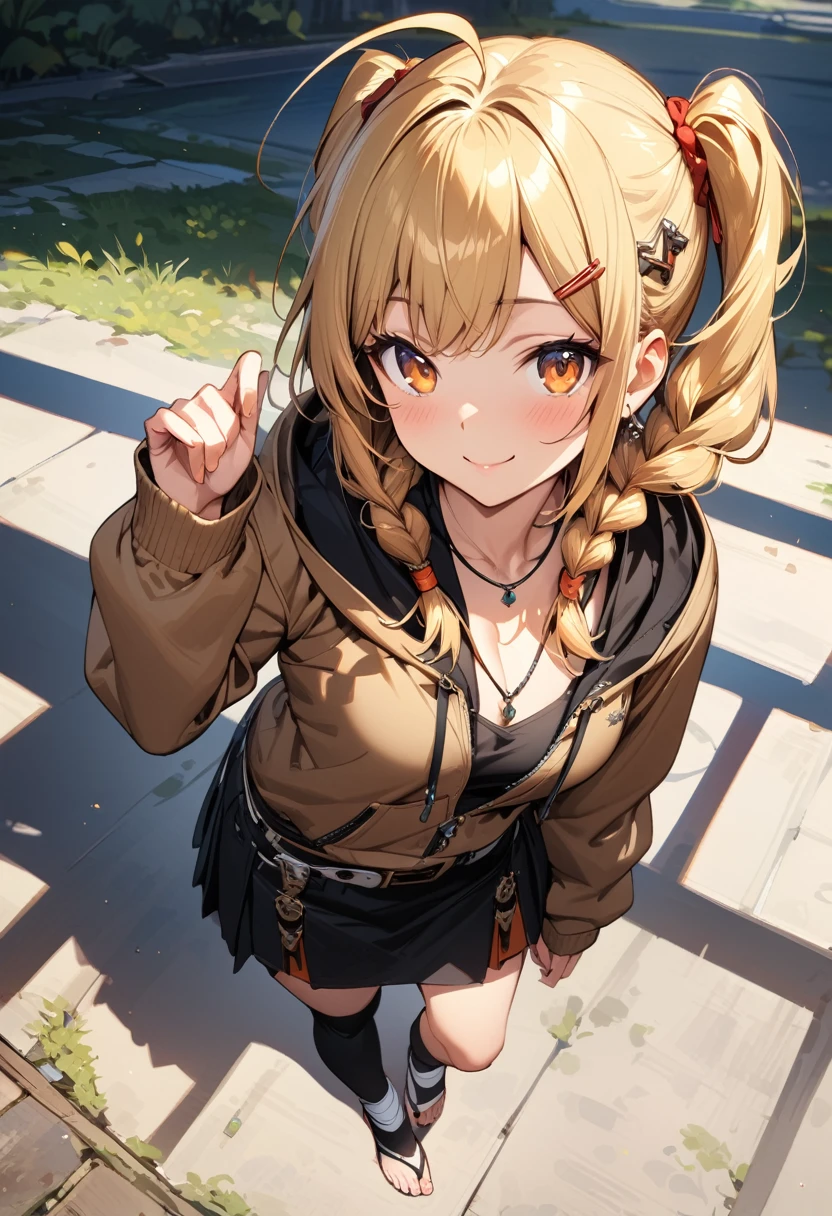 (masterpiece),(best quality),(ultra-detailed),(best illustration),(best shadow),(absurdres),(detailed background),(very aesthetic), 1girl, solo, twin-braids, braid, ankle-wrap, long-hair, blonde-hair, smile, simple-background, hair-ornament, ahoge, hood, hood-down, orange-hair, necklace, jewelry, full-body, looking-at-viewer, barefoot, toeless-legwear, hairclip, twintails, skirt, long-sleeves, orange-eyes, belt, breasts