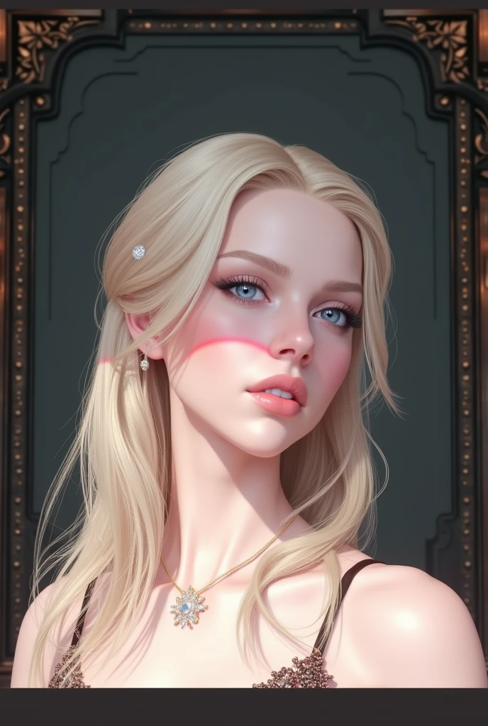 Make it realistic, a woman, beautiful, blonde, background on the dark expensive room, sexy body, body hourglass, same like the image prompt face, look elegant, using expensive dress, blue eyes,expensive modern clothes, hair adornments, discrete jewelry, hotel suite, intricate details, at dusk, lighting from interior fixtures and sunset coming from outside the frame, realistic lighting, dynamic colors from lighting, hyperrealistic