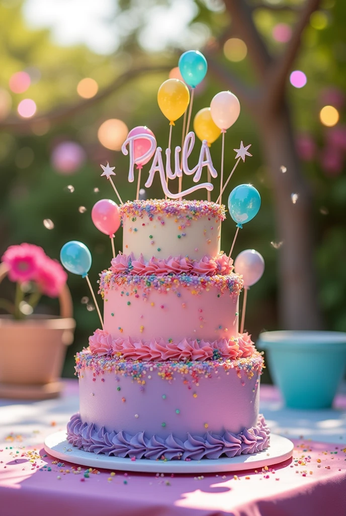 Create the best birthday cake for my daughter with the name PAULA ANDREA PADILLA and some balloons and put the name PAULA on it