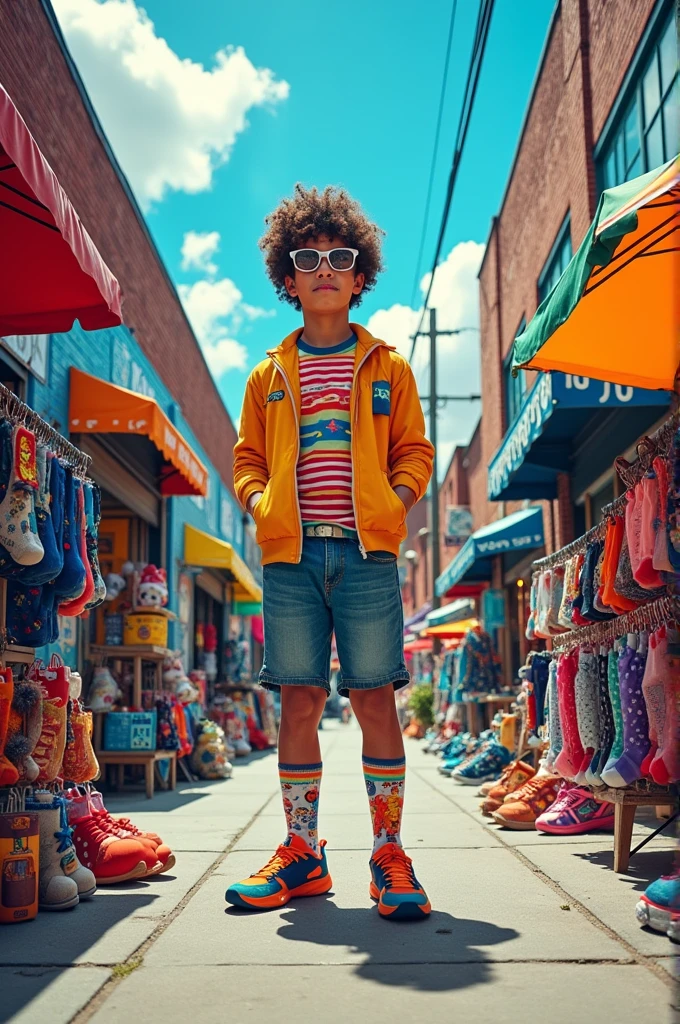 Create a store cover image called "street socks" that is relaxed, have colorful and eye-catching socks for young people. put the theme "crazy guy in the block"
