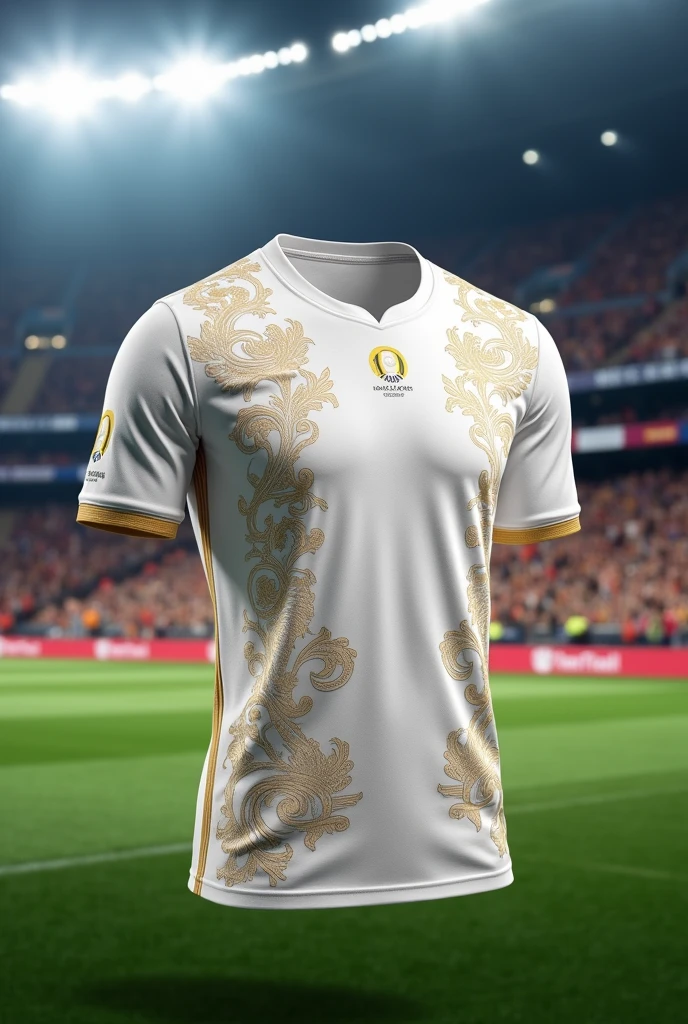 WHITE - GOLDEN COLORS LIKE IT WAS EMBROIDERED ON A FABRIC, MODERN VE MİNİMALİST "Create a written football jersey for LALIGA, including sponsors. Keep it simple, never worn, display it in a game setting. Make the logo plain LALIGA.