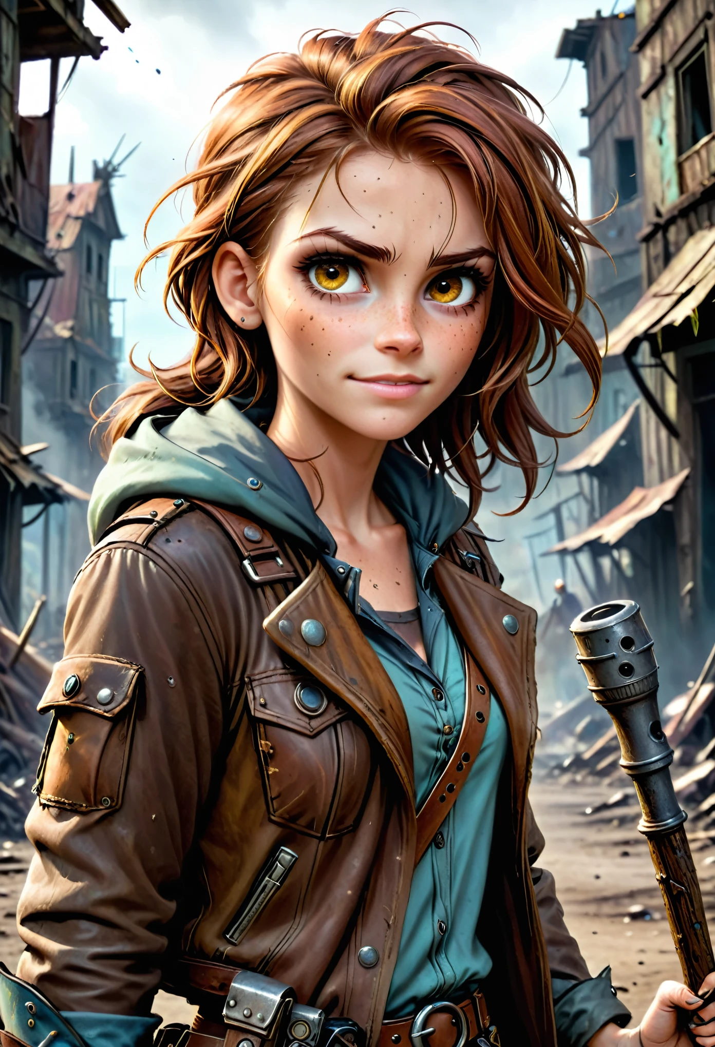 (Realistic:1.2), ultra detailed, modern analog style, photorealistic cute woman, chestnut hair, tattered outwear, post-apocalyptic, detailed face, beautiful eyes, (shy smile:0.7), freckles, holding a big staff, exhausted after another battle, dramatic, vibrant, sharp focus, looking directly to the camera, centered image, elegant, approaching perfection, hyper realystic, bokeh, cannon 6d, blured post-apocalyptic background