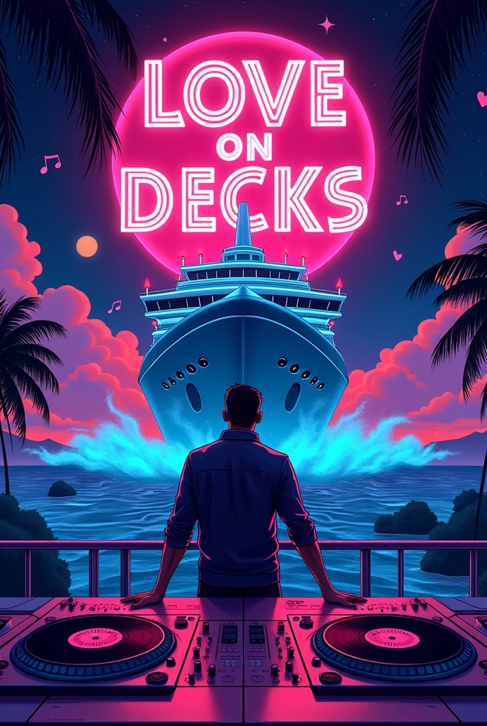 I need an artwork for a club event, the Name is LOVE ON DECKS, the name of this 80's and 90's party is a pun of cruise ship and DJ turn tables. Be sure that the following is part of it artwork: LOVE ON DECKS, 26. OKTOBER, MORITZBASTEI LEIPZIG