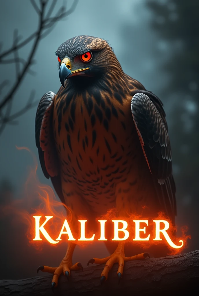 The face of a red eyes hawk with the words kaliber below it glowing with smoke in the background