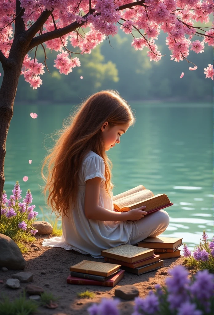 A girl by the edge of a lake reading a book. Other books are out there. There are pink trees and purple flowers around the shore.