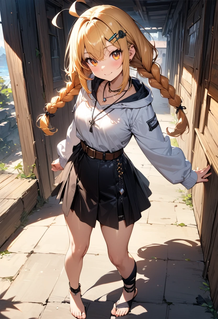 (masterpiece),(best quality),(ultra-detailed),(best illustration),(best shadow),(absurdres),(detailed background),(very aesthetic), 1girl, solo, twin-braids, braid, ankle-wrap, long-hair, blonde-hair, smile, simple-background, hair-ornament, ahoge, hood, hood-down, orange-hair, necklace, jewelry, full-body, looking-at-viewer, barefoot, toeless-legwear, hairclip, twintails, skirt, long-sleeves, orange-eyes, belt, breasts
