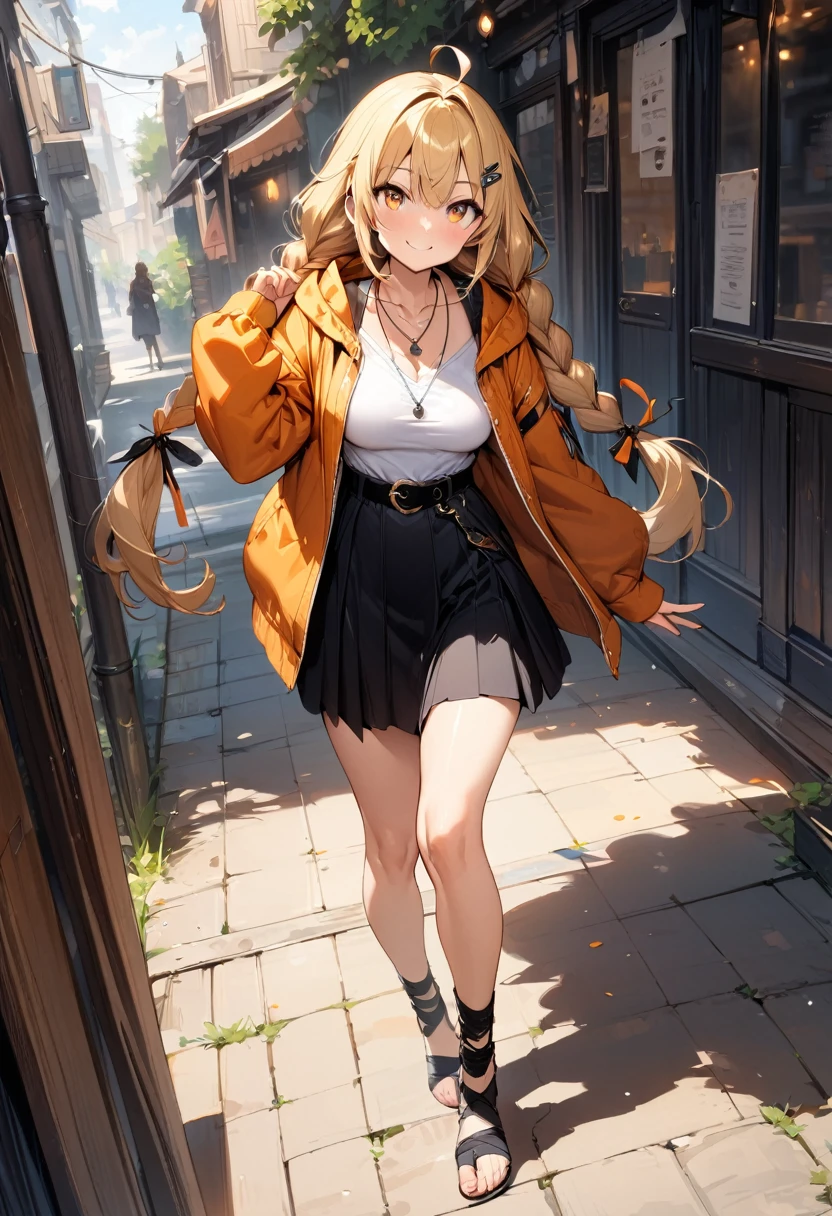 (masterpiece),(best quality),(ultra-detailed),(best illustration),(best shadow),(absurdres),(detailed background),(very aesthetic), 1girl, solo, twin-braids, braid, ankle-wrap, long-hair, blonde-hair, smile, simple-background, hair-ornament, ahoge, hood, hood-down, orange-hair, necklace, jewelry, full-body, looking-at-viewer, barefoot, toeless-legwear, hairclip, twintails, skirt, long-sleeves, orange-eyes, belt, breasts