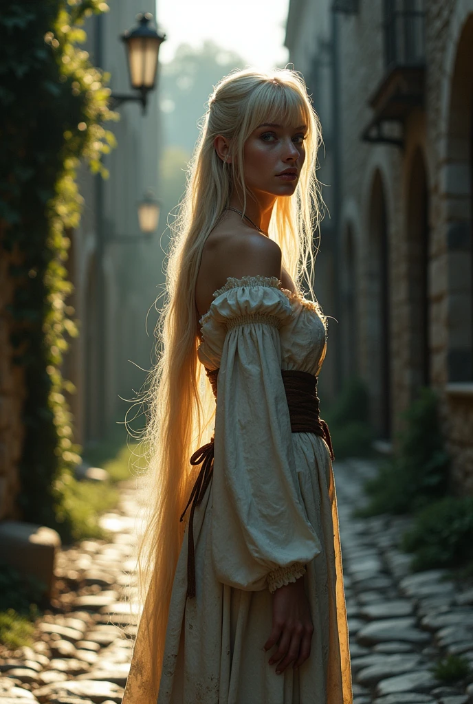 (Optical Realism:1.2), A young woman with long, bleached blonde hair, a fringe, and pale eyes, wearing a dirty, medieval dress. 