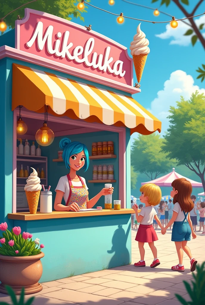 Chloe standing on top of a colorful food truck, holding a dripping ice cream cone and making a silly face,Life is Strange video game series,Chloe is a tall white teenage girl, with very short blue hair with pink roots, green eyes, punk aesthetic, female