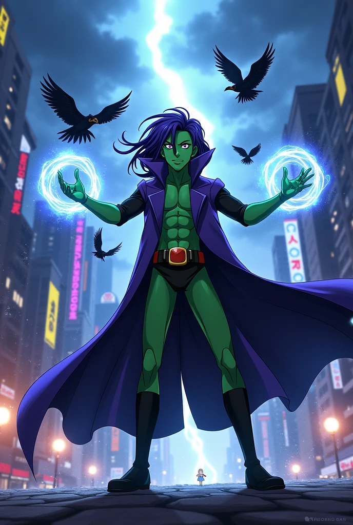 Son of Raven and Beast Boy, he has green skin like his father and purple hair like his mother. He has his mother's cloak. His clothes are a mix of Beast Boy's uniform with Raven's. He is casting dark magic and has several crows made of magic. He is fighting some villains in a city. The image has to be in anime.