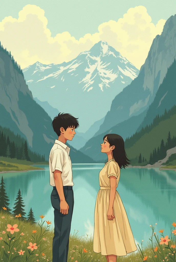 A 23 years old boy, A 23 years old girl, the boy love the girl but the girl doesn’t love the boy, the boy imagine that they are in love, they are besides a mountain and a river, vintage theme, aesthetic, sketch drawing 
