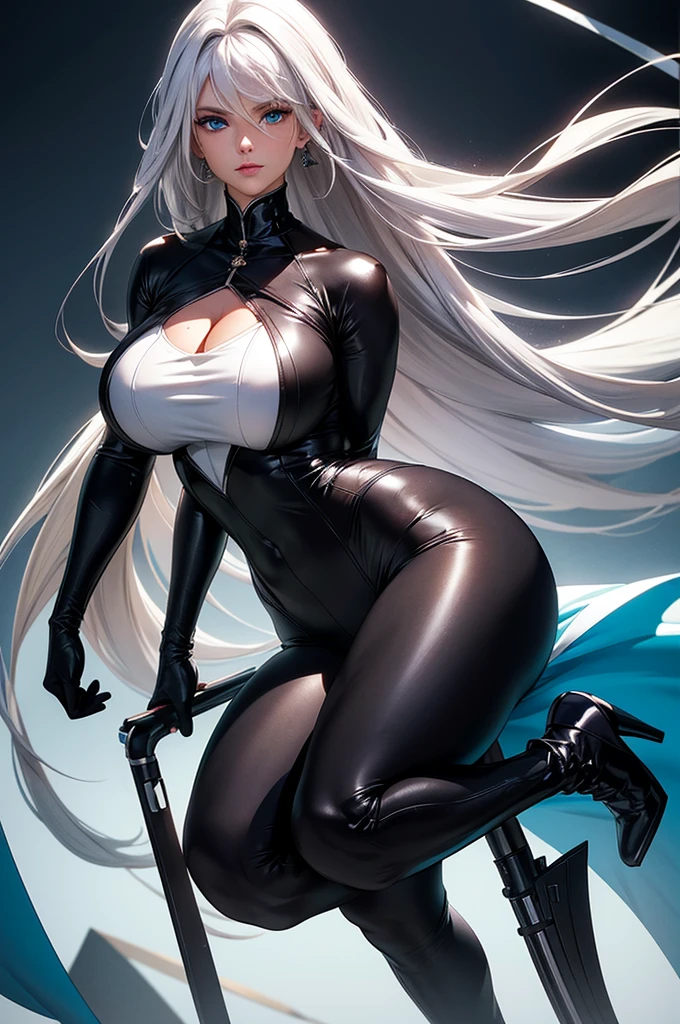 8K, Ultra HD, Super details, high quality, High resolution. The heroine Gato Preto, looks beautiful in a full body photo, her body is sculptural, her long and voluminous white hair is radiant in a perfect combination with her white skin, her bright blue eyes mesmerize everyone. She is wearing her heroine costume which consists of, A tight black bodysuit with white details, HIGH WHITE BOOTS. she looks very sexy, drawing attention to her big breasts and thick legs.
