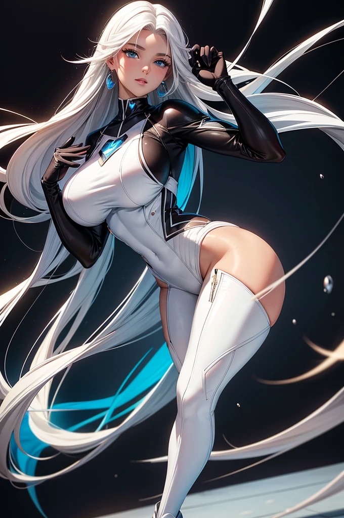 8K, Ultra HD, Super details, high quality, High resolution. The heroine Gato Preto, looks beautiful in a full body photo, her body is sculptural, her long and voluminous white hair is radiant in a perfect combination with her white skin, her bright blue eyes mesmerize everyone. She is wearing her heroine costume which consists of, A tight black bodysuit with white details, HIGH WHITE BOOTS. she looks very sexy, drawing attention to her big breasts and thick legs.
