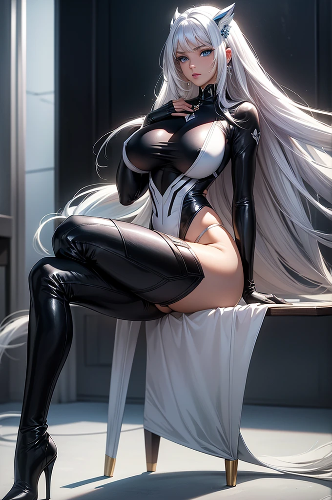 8K, Ultra HD, Super details, high quality, High resolution. The heroine Gato Preto, looks beautiful in a full body photo, her body is sculptural, her long and voluminous white hair is radiant in a perfect combination with her white skin, her bright blue eyes mesmerize everyone. She is wearing her heroine costume which consists of, A tight black bodysuit with white details, HIGH WHITE BOOTS. she looks very sexy, drawing attention to her big breasts and thick legs.
