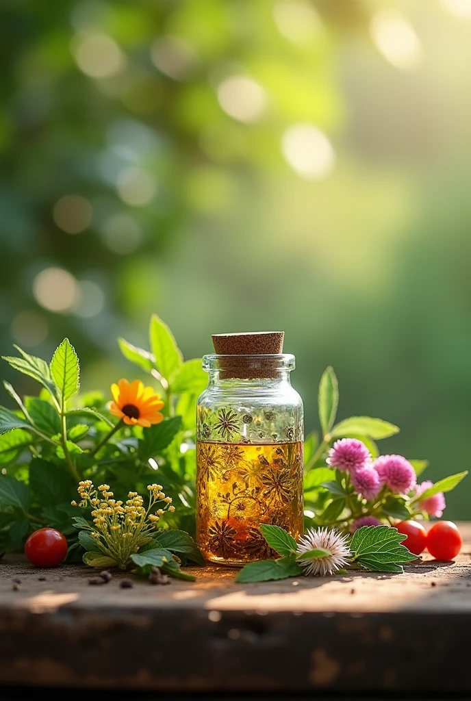 A cover image for Facebook (820 x 312 pixels) showing a variety of medicinal plants arranged in an orderly manner on a natural surface, Like a wooden table or a stone. In the center of the image, highlights a jar of natural medicine, like a glass container or a box with a rustic-style label, which must be clearly visible in the foreground. The jar's label should include graphic elements that represent plants and nature, reinforcing the idea that the medicine comes directly from the plants shown in the image. Lighting should be soft and natural to emphasize the connection with nature. Make sure the design fits well within the dimensions of the Facebook cover, with a focus on the central area to ensure the main content is visible and not cropped.
