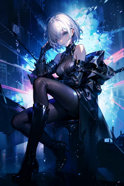 high resolution、High resolution、sharp lines、、、Short、short hair、Futuristic black sword、Black clothes、Bondage、Hair so long it hides her eyes、Gray Hair、White Hair、fine hair、Hiding one eye with hair、Sharp Eye、Beautiful eyes、Jewel-like eyes、White background、Fantastic colors、Near future、Facing forward、Small face、Small breasts、whole body、From head to toe、Character portrait、They are equipped with weapons.、Armament、A serious face、Black boots、Character portrait、Sharp lines、Clear line art、Standing with your legs apart、9 heads、Vast land、Fantastic Background、