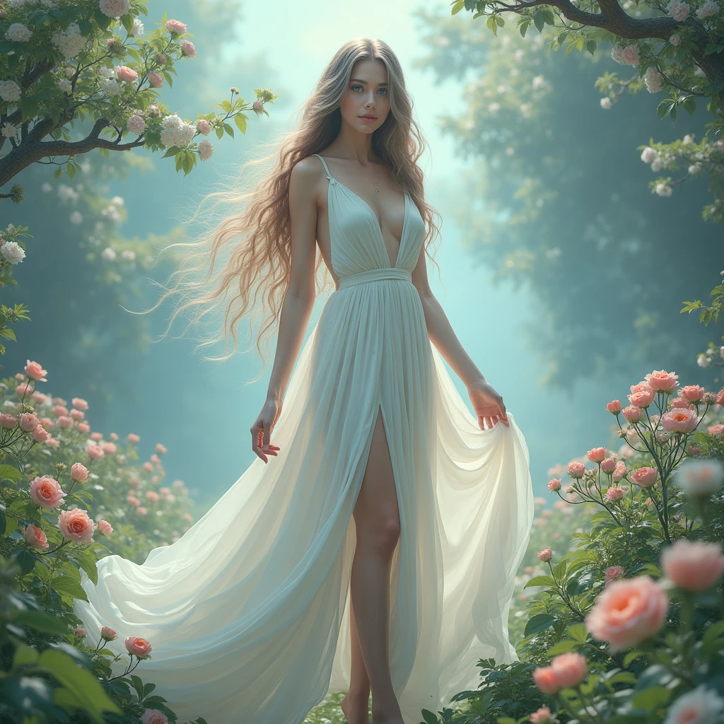 Best Quality, masterpiece,by white, blue eyes, Whole body ,beautiful background,1 girl, flowing hair, girl stepping on a small man with her feet 