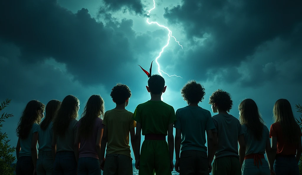 Image: A dark and stormy night, with a group of children and Peter Pan standing together, ready to face whatever dangers lie ahead. The prompt: "A group of children, all with a sense of determination, are seen standing together with Peter Pan, ready to face the unknown. What lies ahead, and what will be the outcome of their bravery?"