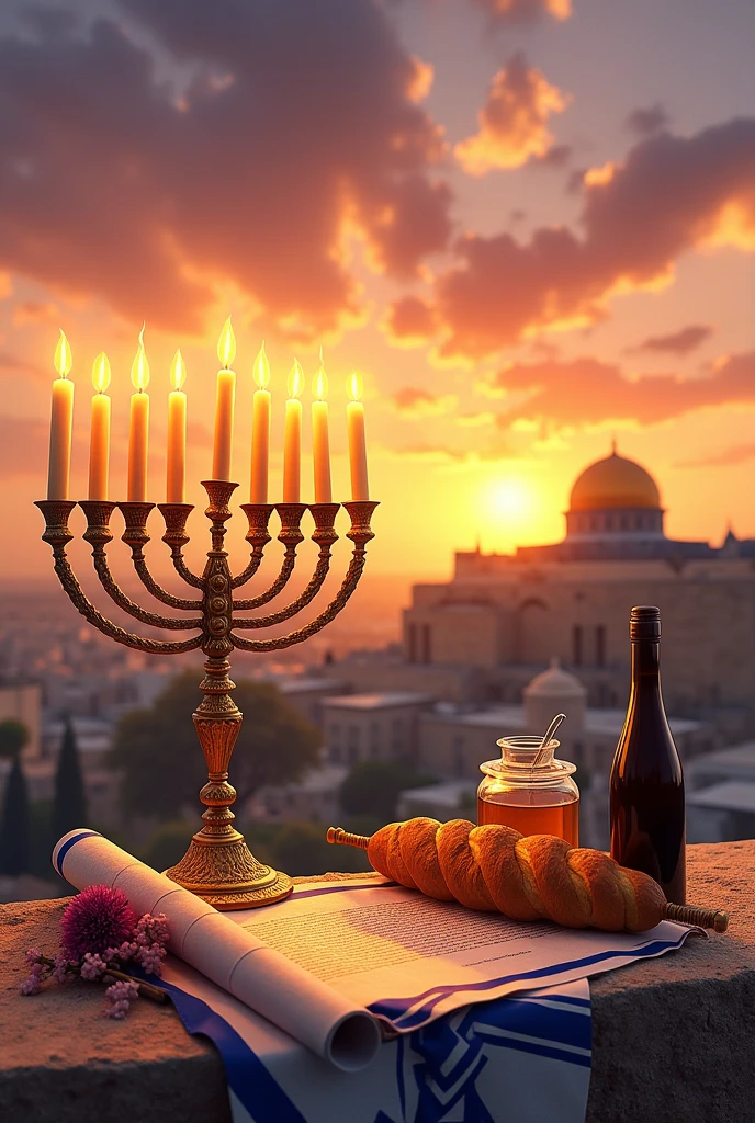 Create a horizontal artwork featuring a 7-branched menorah, A Torah scroll, a braided bread, a bottle of wine, a talif, in the background, the Kotel should be visible, a jar of salt and honey and the insignia flower of Israel with the Magen David. in a sunset