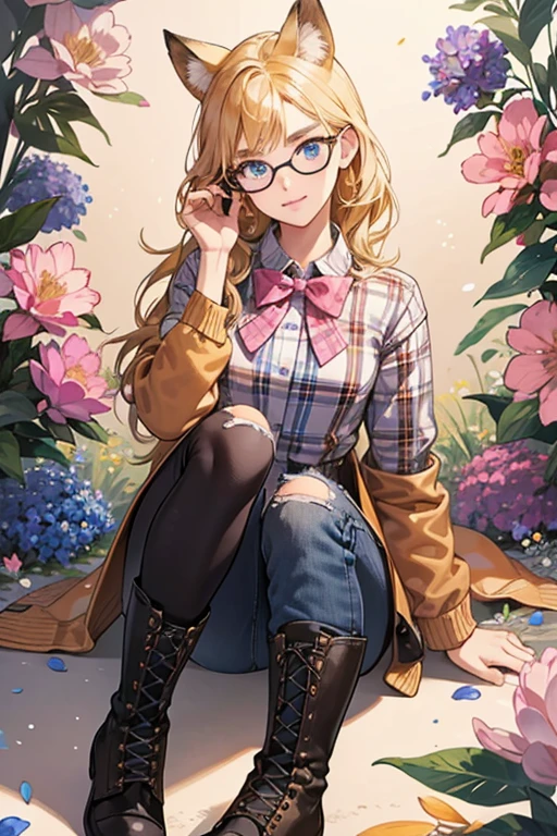 SHE has apricot skin with whiskers, a brown nose, blonde eyebrows, and blue eyes. SHe has spiky blonde hair and brown hedgehog ears. SHe wears a blue and white plaid shirt with a pink bow at the collar and pink flowers scattered across the shirt, a black jacket with brown fur lining the collar, blue jeans with torn patches on the knees, black combat boots and orange glasses. SPARKLE; GLITTER