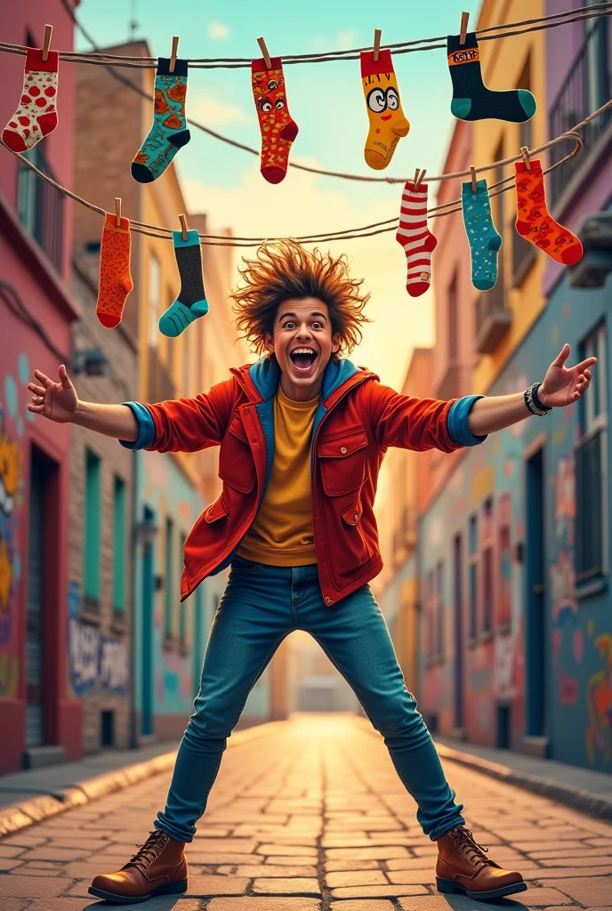 Create a store cover image called "street socks" that is relaxed, have colorful and eye-catching socks for young people. put the theme "crazy guy in the block"