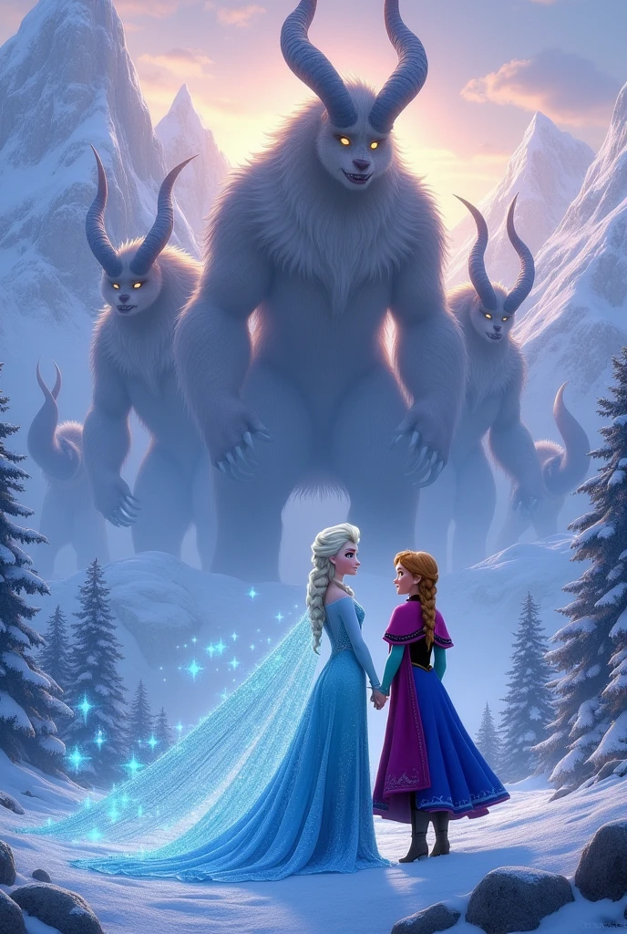 Briefly I want a coverage of Disney FROZEN III,, whereby I want Elsa hair opened and Anna
and some three giant monsters with horns