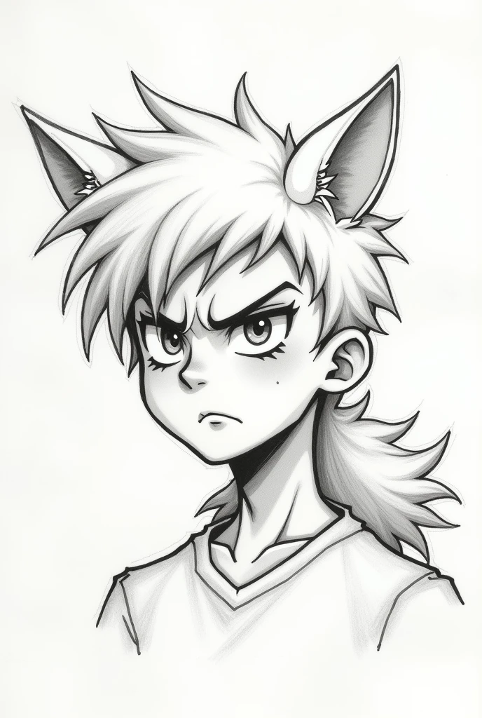 super simple uncolored paper sketch of a masculine annoyed teen with a white fluffy mullet and white cat ears