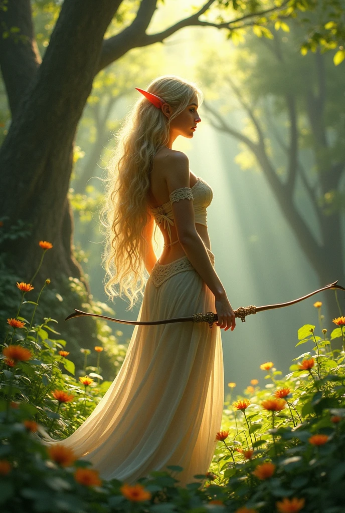 Make a blonde elf with huge breasts