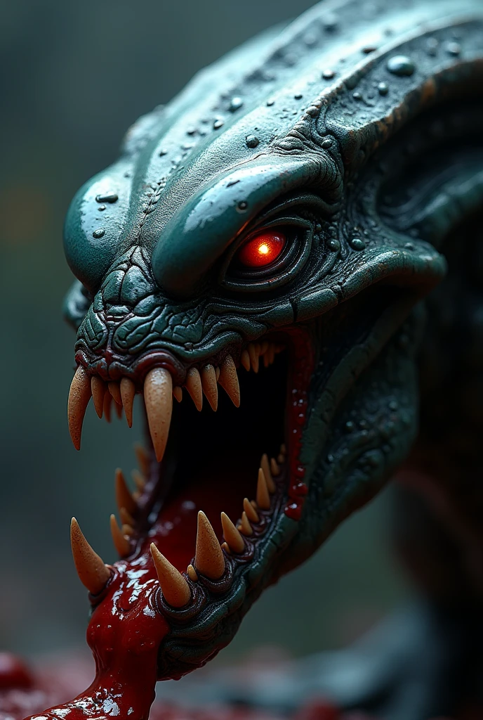 masterpiece , Best Quality, alien predator, close-up photo, macro, mouth with blood, drops 8k uhd quality, 