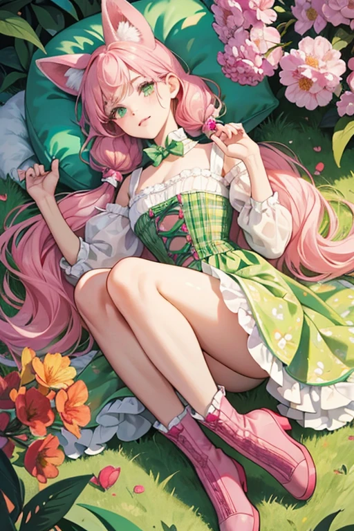 The cherry pink hair is hip length and worn in two pigtails behind the koala ears. her bangs reach down to her eyebrows. She has soft grey skin, a black nose, lilac eyebrows, green eyes, and salmon lips. She does not have a tail. She wears a molded-on yellow bodice with a print of flowers surrounding an eucalyptus stick on the front. The print is framed by light green suspenders. Her skirt is removable and sports a print of red, pink, yellow, purple, and blue flowers, hibiscuses, and eucalyptus leaves in various shades of green. it is trimmed with soft pink fur. Karina's footwear are hot pink boots and calf-high socks with koala faces on the noses. A yellow flower is molded onto her left ear. SPARKLE; GLITTER