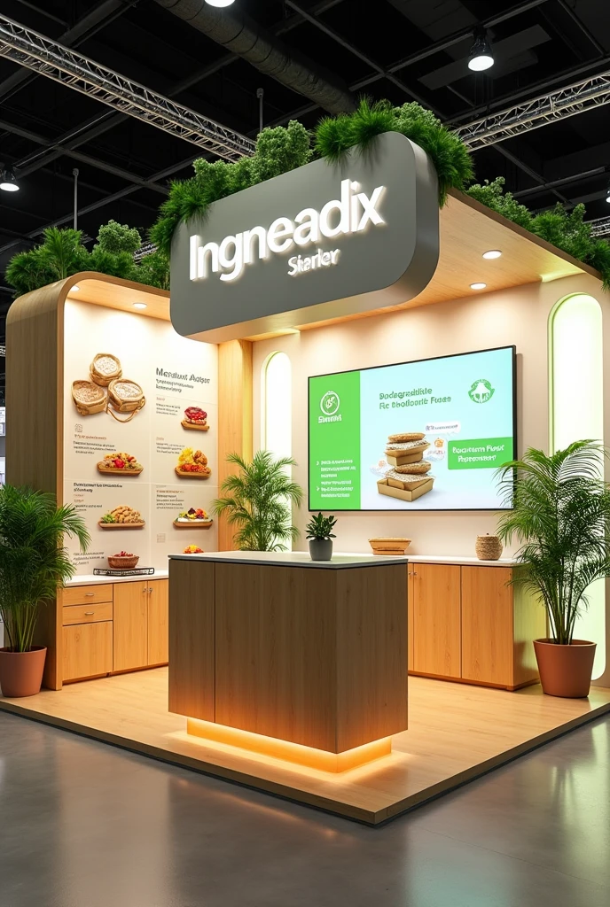 generate an image of kiosk 3d exhibition stall display for product biodegradable rice husk food packaging box with food moisture absorber packet