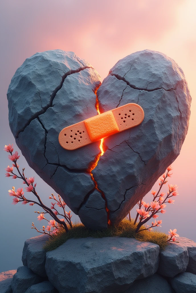 A stone heart cracked and being repaired with a band-aid