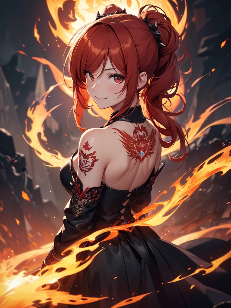 (((best quality, sharp image, clear image, cinematic lighting, 8k resolution, masterpiece, ultra detailed, intricate))) Girl, (((looking over left shoulder))), (shot from behind), ((shot from hip up)), fiery red hair, pigtails, ((intricate black dress)), ((flaming sigils, flaming runes)), spiky rock formations, (flaming lotus flowers frame), (intricate background), (chaotic background), ((Phoenix)), (swirling flames), smiling,tatoo on back