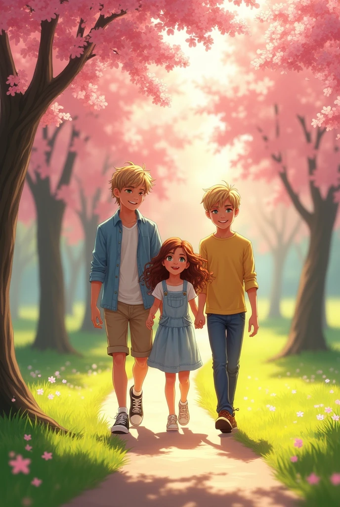 A girl is walking while holding a boy's hand, but she is looking at another boy.