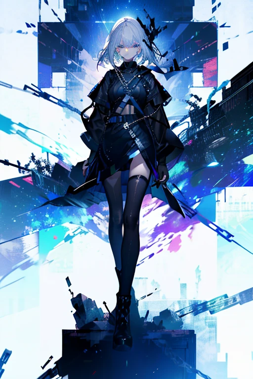 high resolution、High resolution、sharp lines、、、Short、Long Hair、足までLong Hair、Futuristic black sword、Black clothes、Bondage、目を隠すほどLong Hairの毛、Gray Hair、White Hair、fine hair、Hiding one eye with hair、Sharp Eye、Beautiful eyes、Jewel-like eyes、White background、Fantastic colors、Near future、Facing forward、Small face、Small breasts、whole body、From head to toe、Character portrait、They are equipped with weapons.、Armament、A serious face、Black boots、Character portrait、Sharp lines、Clear line art、Standing with your legs apart、9 heads、Vast land、Fantastic Background、White background、