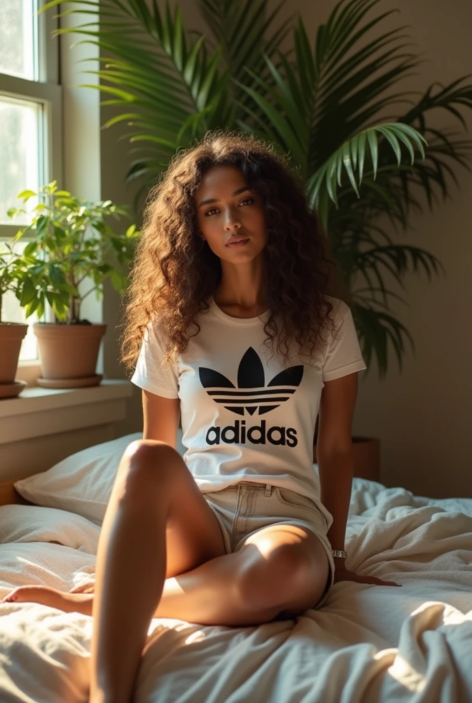 (photorealism:1.2), beautiful woman, sitting on bed, wearing Adidas shirt, short pants, long curly hair, indoors, soft lighting, plants in background, window with sunlight, cozy room, relaxed pose, realistic, intricate details, warm colors, by Greg Rutkowski, by Alphonse Mucha