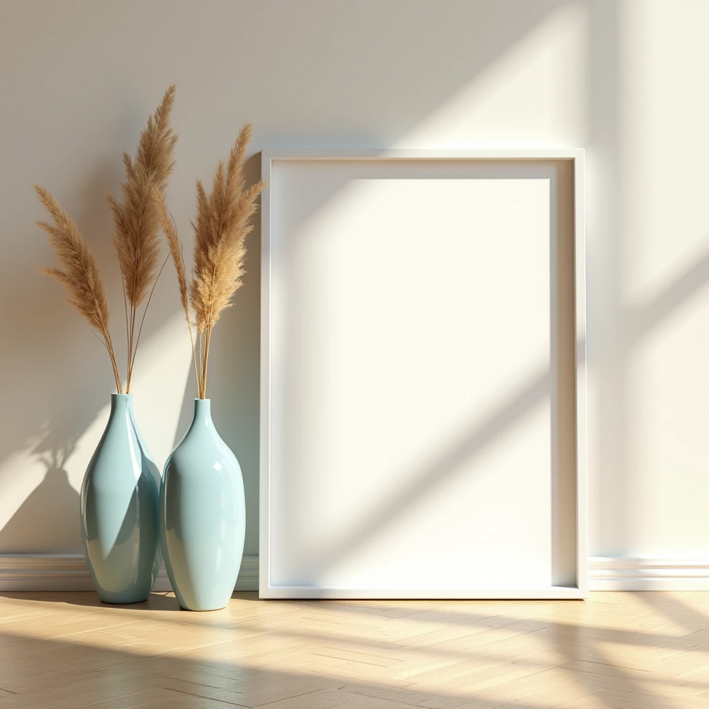 A minimalist interior scene with a light wooden herringbone floor and a soft beige wall. A blank white A4-sized frame is leaning against the wall, positioned slightly to the right. To the left of the frame, there are three sleek, modern vases in varying sizes and shapes, all in a glossy light blue color. One of the vases holds a bunch of dried pampas grass, adding texture to the composition. The scene is softly lit by natural sunlight streaming in from the right, casting gentle shadows and creating a warm, serene atmosphere