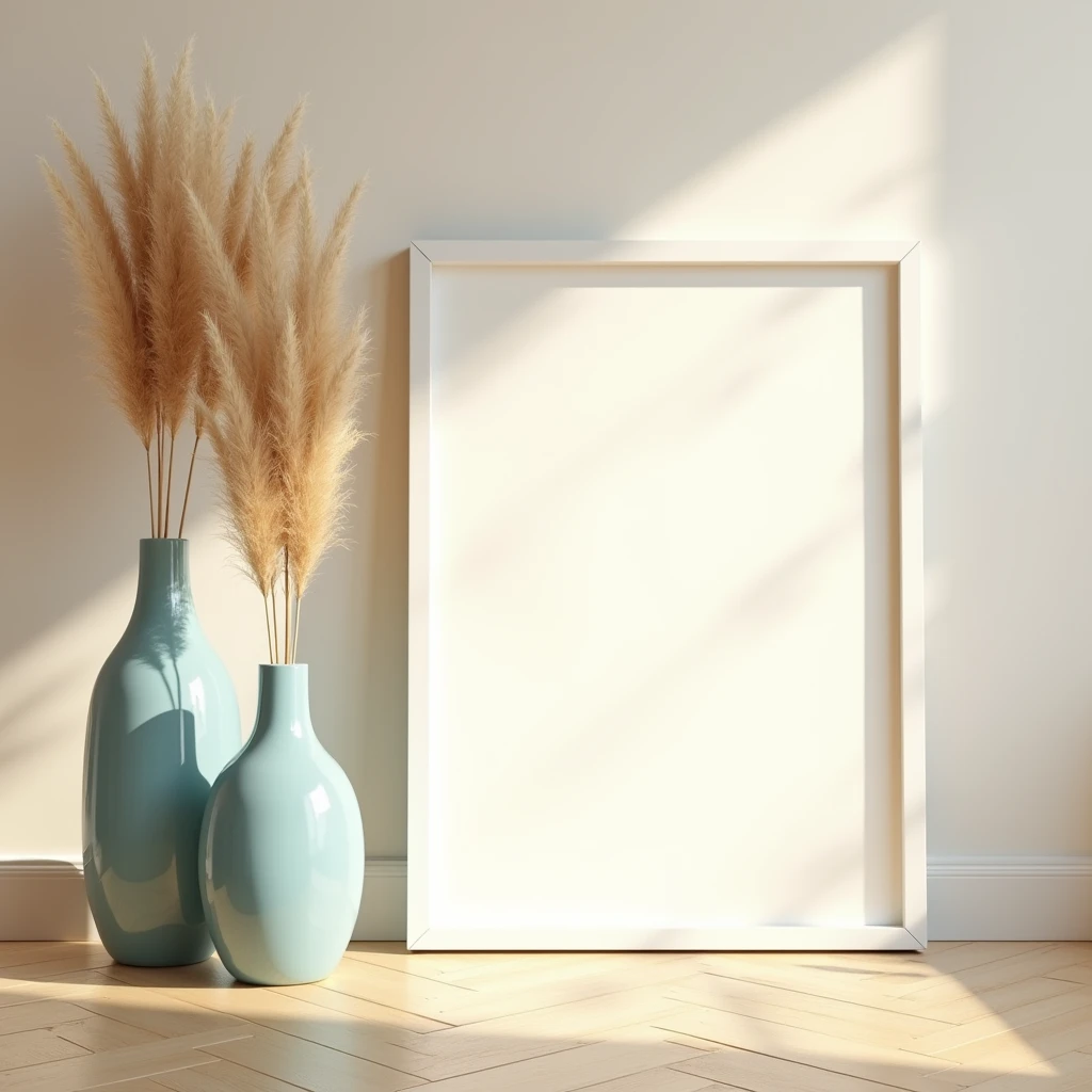 A minimalist interior scene with a light wooden herringbone floor and a soft beige wall. A blank white A4-sized frame is leaning against the wall, positioned slightly to the right. To the left of the frame, there are three sleek, modern vases in varying sizes and shapes, all in a glossy light blue color. One of the vases holds a bunch of dried pampas grass, adding texture to the composition. The scene is softly lit by natural sunlight streaming in from the right, casting gentle shadows and creating a warm, serene atmosphere