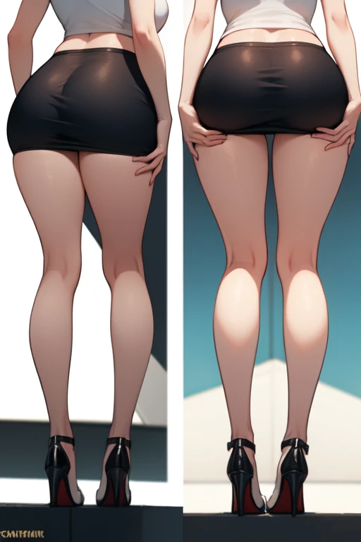 ((Best Quality)), ((masterpiece)), (detailed), 1 girl, with a gold mini skirt, white tank top, neckline, black stockings, white panties, ((black heels)), Red hair, green eyes, wide hips, big breasts, ((Whole body)),((view from behind))