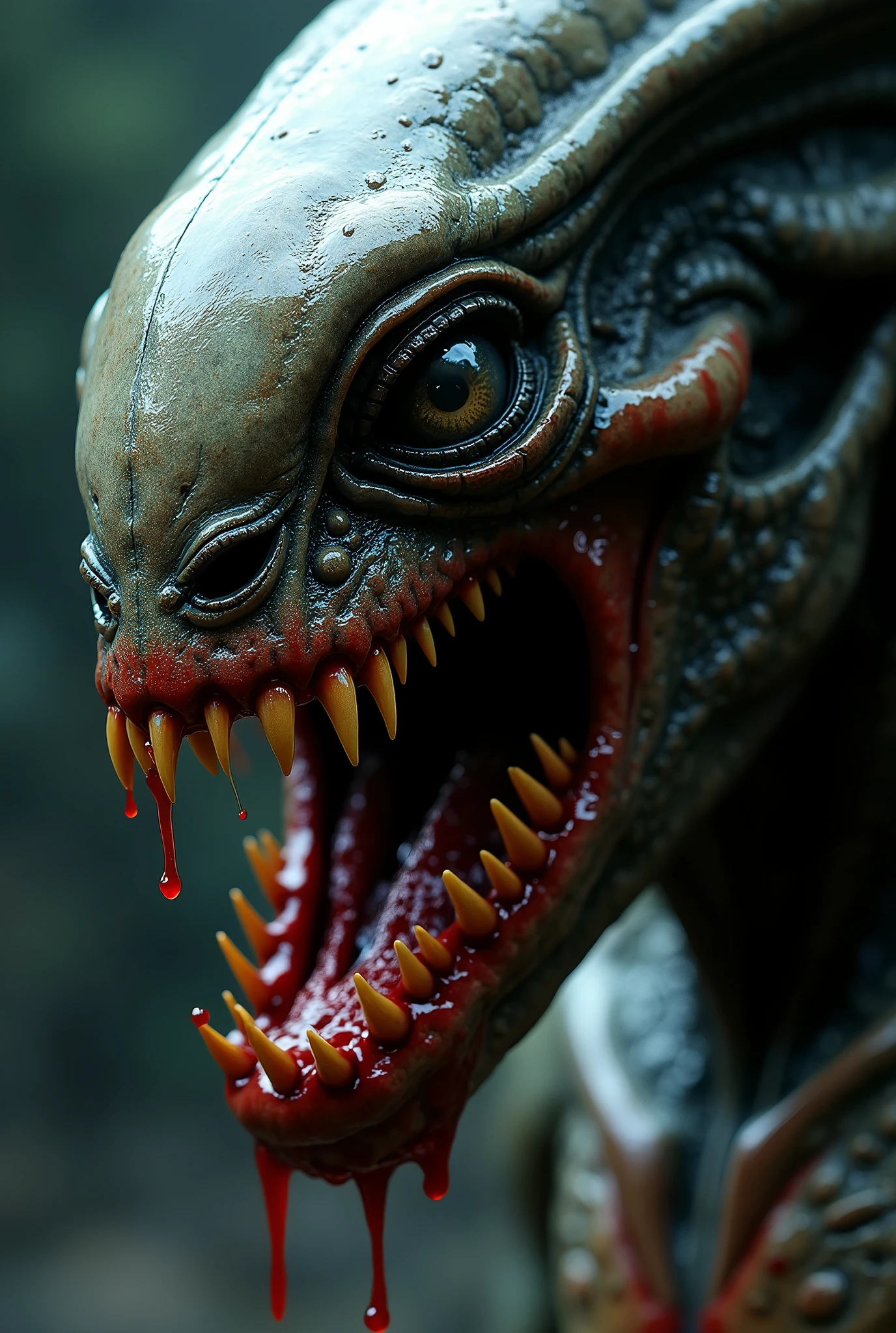 masterpiece , Best Quality, alien predator, close-up photo, macro, mouth with blood, drops 8k uhd quality, 